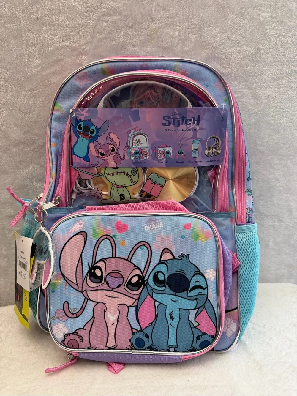 Disney Stitch & Angel 5 Piece Backpack Set Lunch Bag Bottle Headphones